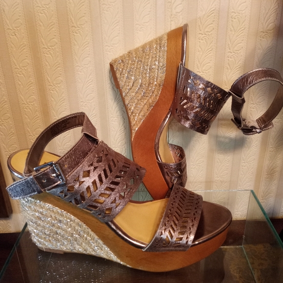 Lauren Ralph Lauren Georgina Espadrille Gold Wedge Leather Sandals Size 8.5 - Picture 1 of 12